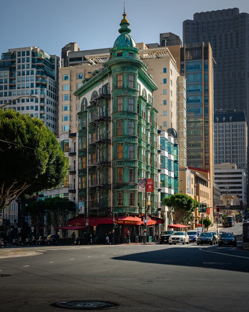 a city street with tall buildings